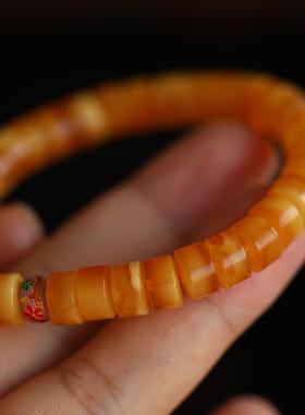 高端定制天然老花蜡直切手链配天然满色满肉南红精雕牡丹花珐琅彩