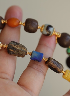 高端定制天然沉香多宝项链配红纹石盘珠巴洛克珍珠纯银鎏金珐琅彩