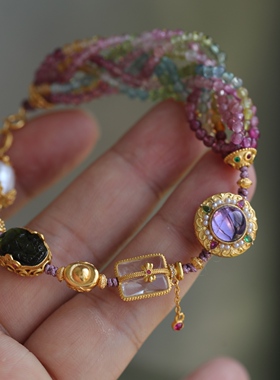 天然碧玺多层超美的成色和晶体纯银鎏金镶嵌紫水晶珍珠红绿宝石64
