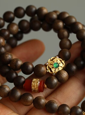 高端定制天然沉香多圈搭配纯银鎏金镶嵌翡翠配饰老玛瑙桶珠和田玉