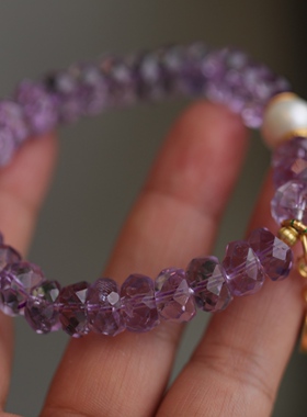 天然紫水晶磨面手链超美的晶体和成色磨面工艺配淡水珍珠紫水晶63