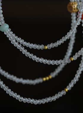 天然白水晶磨面盘珠长链搭配青金石松石纯银鎏金镶嵌红绿宝石南红
