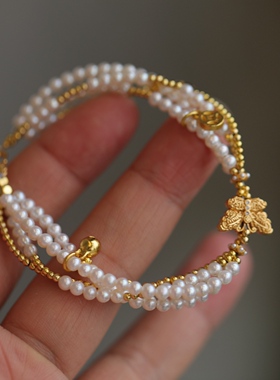 天然淡水珍珠多层手链搭配鎏金蝴蝶小金鱼钱币精致而又金气超美63