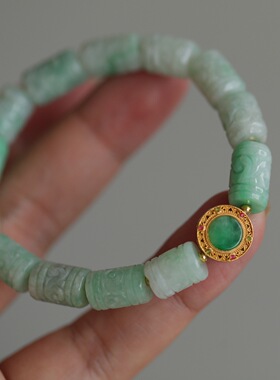 天然翡翠A货精雕仿古桶珠配纯银鎏金镶嵌翡翠古法牌超美的翠色63