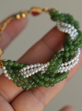 高端定制天然碧玉多层精美无杂裂搭配天然淡水珍珠纯银鎏金花丝球