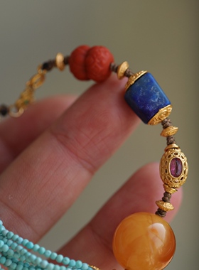 高端定制天然老花蜡搭配天然原矿松石多层纯银鎏金镶嵌碧玺南红63