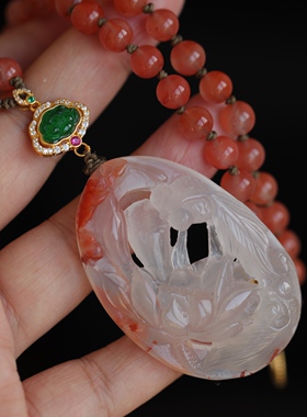 中国风天然冰飘南红精雕连年有余吊坠有灵气的俏色精雕翡翠莲花63