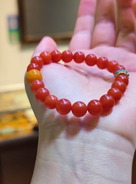 精品保山南红手串满肉柿子红很密实干净配天然蜜蜡18K金镶嵌绿松