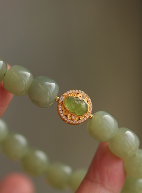 高端定制天然和田玉老形珠手链精美无杂裂纯银鎏金镶嵌碧玺貔貅63