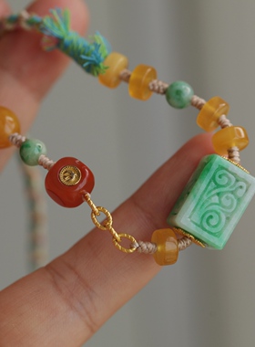 高端定制天然翡翠A货雕刻仿古珠配手工绳项链天然蜜蜡配珠南红63