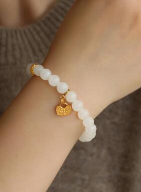 金气精致天然和田玉羊脂玉手链带皮色搭配转运环叠加佩戴很百搭哦