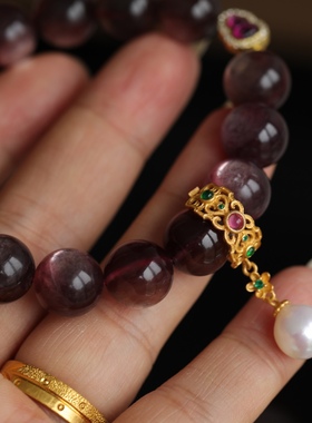 天然紫云母手链配纯银鎏金镶嵌紫牙乌石榴石葫芦配饰纯银鎏金珍珠