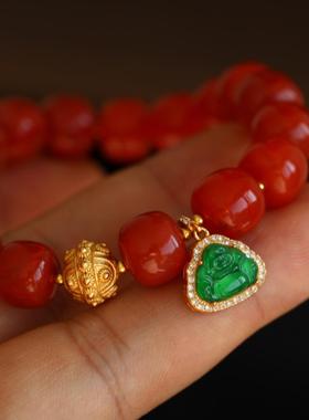 天然南红配18k翡翠葫芦手链