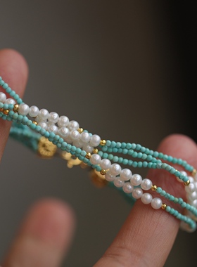 天然原矿松石搭配珍珠多层上手超美高级而又清新的蓝63