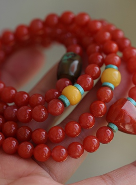 高端定制天然南红108粒长链正宗川料天然蜜蜡配珠原矿松石桶珠63