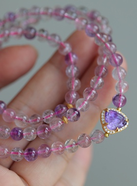 超美的设计天然超七水晶多圈搭配纯银鎏金镶嵌紫水晶精雕弥勒佛63