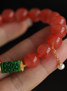 中国红天然南红手链正宗川料配干青翡翠精雕回纹桶珠纯银鎏金珍珠