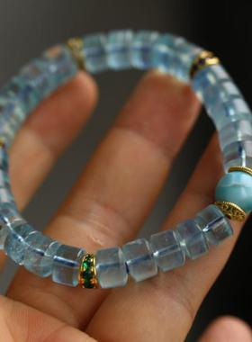 高端定制天然海蓝宝直切手链搭配锆石配珠超美的撞色灵气而又高级