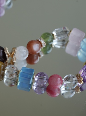 高端定制天然巴西磨面桶珠搭配金祖母海蓝宝马粉精雕牡丹花白水晶