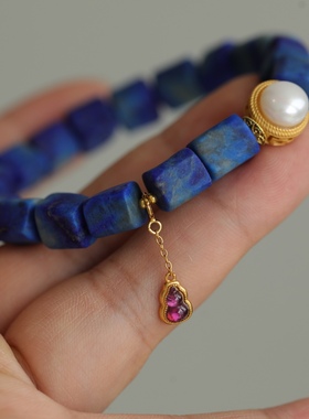 天然青金石桶珠手链高贵蓝搭配纯银鎏金镶嵌珍珠配饰天然紫牙乌坠