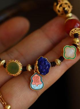 古天然沉香半镯纯银鎏金镶嵌碧玉南红和田玉青金石碧玉珐琅彩葫芦