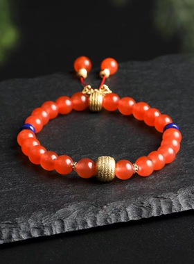 天然精品保山冰红手串色泽艳丽荧光感强搭配青金石S925纯银配饰