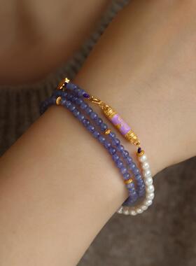 天然坦桑石多圈手链搭配天然珍珠鎏金蝴蝶珐琅彩直管古法配饰精致