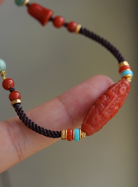 中国风天然南红精雕天珠项链配手工绳长链松石南红配珠南红三通63