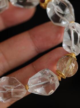 天然白水晶随形手链搭配天然金发晶配珠纯银鎏金镶嵌紫牙乌石榴石