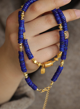 天然青金石项链搭配纯银鎏金古法桶珠纯银鎏金福字小金牌高端定制