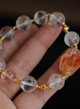 超美的设计天然闪灵钻水晶手链搭配天然红胶花磨面桶珠红绿宝石