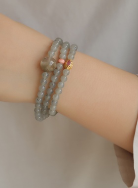 天然和田玉多圈搭配白幽灵配珠纯银鎏金镶嵌碧玺配饰分珊珊随形