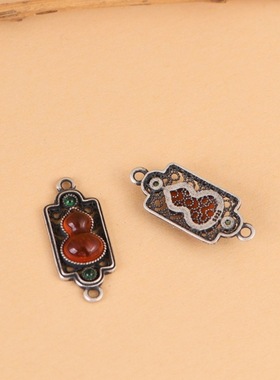 S925纯银福做旧镂空镶玛瑙葫芦链接件diy手工银饰配件挂件