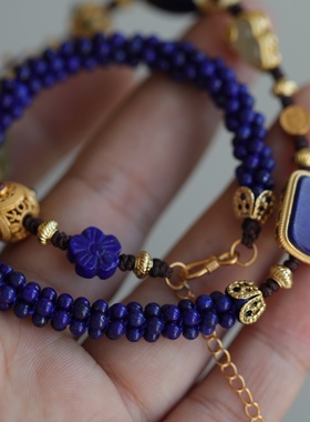 天然青金石纯手工手链纯银鎏金镶嵌青金石无事牌萤石水晶回纹桶珠