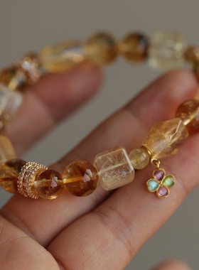 天然巴西黄水晶手链超美的配色又层次感配纯银鎏金镶嵌碧玺四叶草
