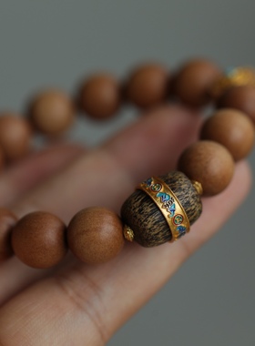 天然老山檀手链搭配天然青金石爱心屁桃纯银鎏金珐琅彩镶嵌沉香