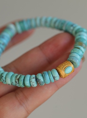 高端定制天然原矿松石盘珠手链正宗湖北松纯银鎏金镶嵌松石五条经