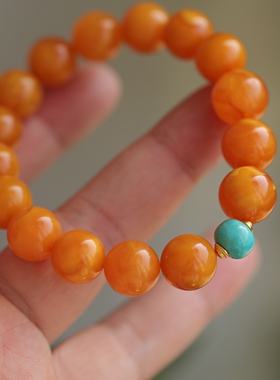 高端定制天然老花蜡手链满蜜鸭蛋黄色配松石老形珠男女都可佩戴63