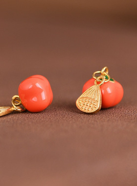 S925纯银镀金莲蓬如意福字玛瑙银柿子柿柿如意吊饰配件散珠 一个