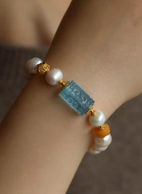 天然淡水珍珠手链天然海蓝宝精雕回纹桶珠纯银鎏金镶嵌红绿宝石