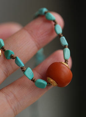 天然老蜡盘珠精美无杂裂纯手工原矿松石随形长链鎏金葫芦男女戴63