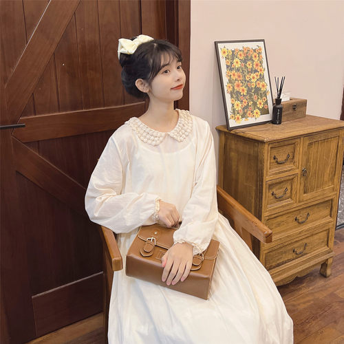 日系甜美蕾丝花边娃娃领连衣裙森系叠穿内衬裙仙女白色打底裙长裙 - 图1