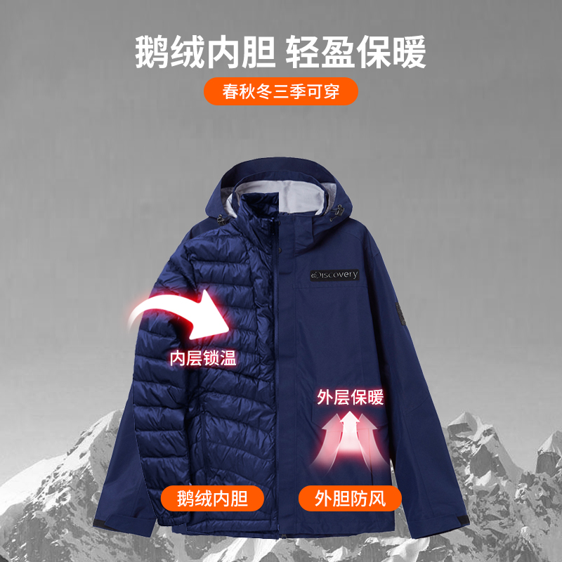 Discovery羽绒服内胆冲锋衣男女三合一可拆卸加绒加厚保暖外套冬 - 图0