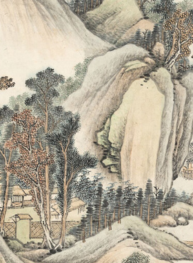 清代永瑢秋寺鸣泉图明清古山水画复制品高清艺术微喷绢本画心临摹