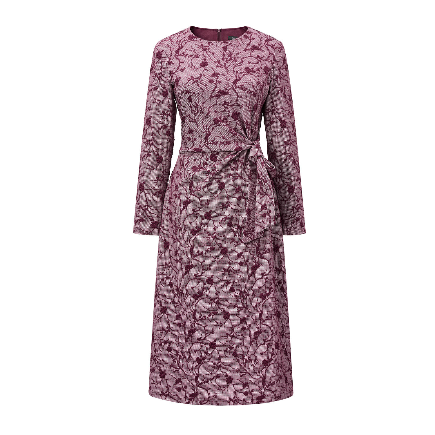 颜域长袖独特收腰连衣裙女2025冬季新款轻熟风印花显瘦设计感长裙