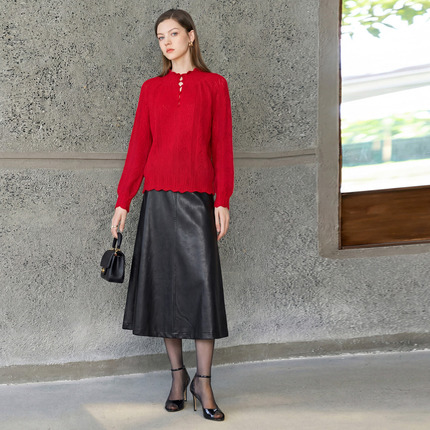 【100%羊毛】颜域红色提花针织毛衣女秋冬保暖复古粗毛线V领上衣,淘宝优惠券,粉丝福利购,淘宝优惠卷