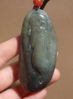 方言和田玉罕见大清仓黑褐皮青花籽料黑白分明财源广进吊坠挂件R8