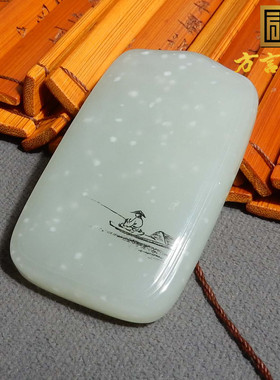 精品方言和田玉珍藏青海老坑料雪花意境白玉阴雕山水意境吊坠s10