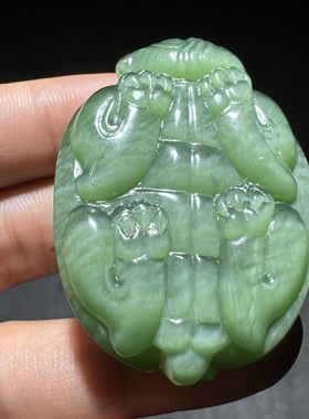 方言和田玉亮眼老坑俄料辣阳绿带罕见水波纹活猫眼乌龟吊坠把件S6