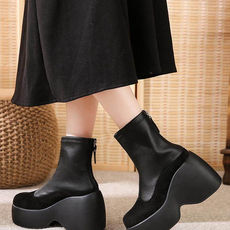 真皮大码短靴41到43冬厚底增高10cm女鞋洋气百搭小个子坡跟马丁靴,淘宝优惠券,粉丝福利购,淘宝优惠卷